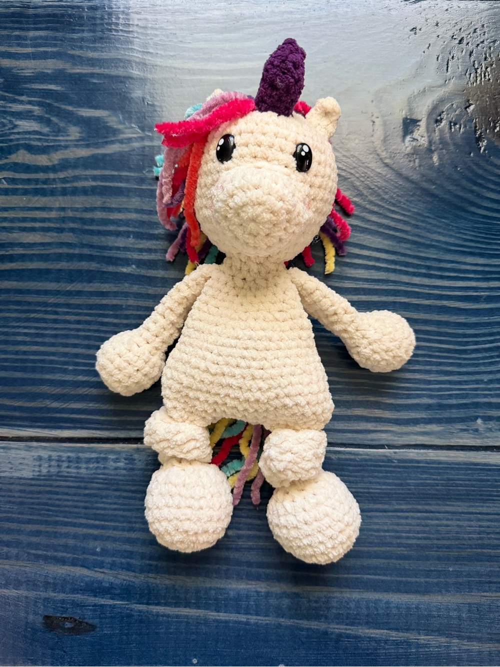 9” Plush Crochet Unicorn Toy - Cream Body with Rainbow Mane
